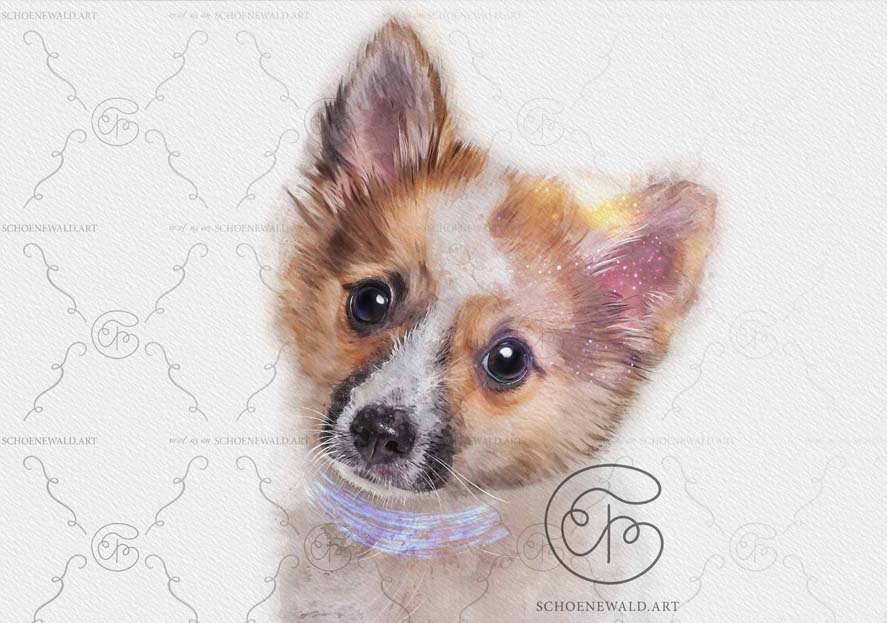 Print of a hand-painted watercolor of a baby pomsky from the "Baby Animals" series by Schoenewald.art