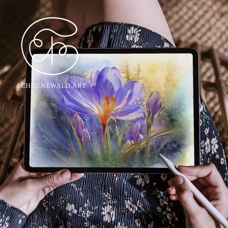 Painting process on iPad of a crocus by Schoenewald.art