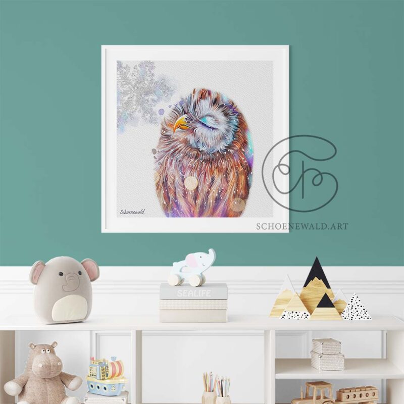 Watercolor fine art print of an adorable owl by Schoenewald.art in a nursery interior